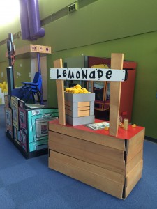 Lemonade stand exhibit with fake lemons and a sign reading lemonade