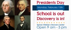 Pictures of 4 presidents with info on hours and date for KCDC being open on Presidents day 2016