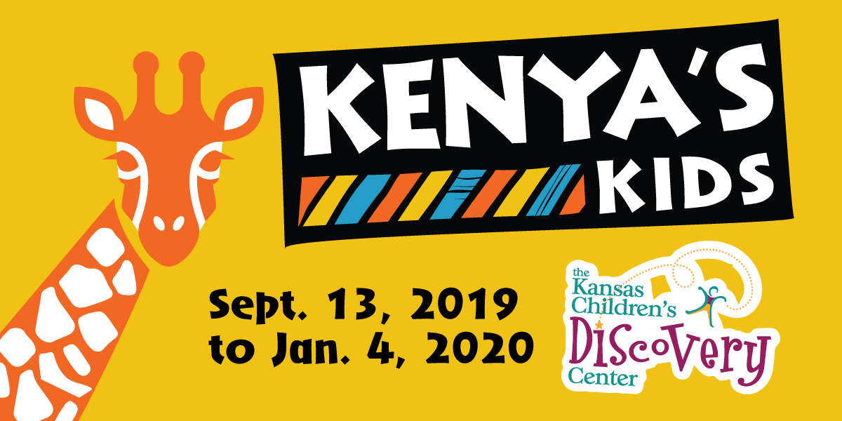 Kenya's kids banner showing a giraffe, the Kenyas Kids logo, the dates of the exhibit and the KCDC logo